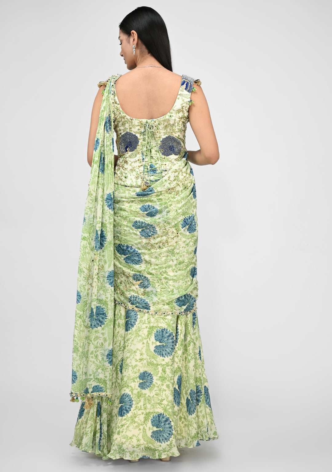 Green Printed Pre-Draped Saree With Corset