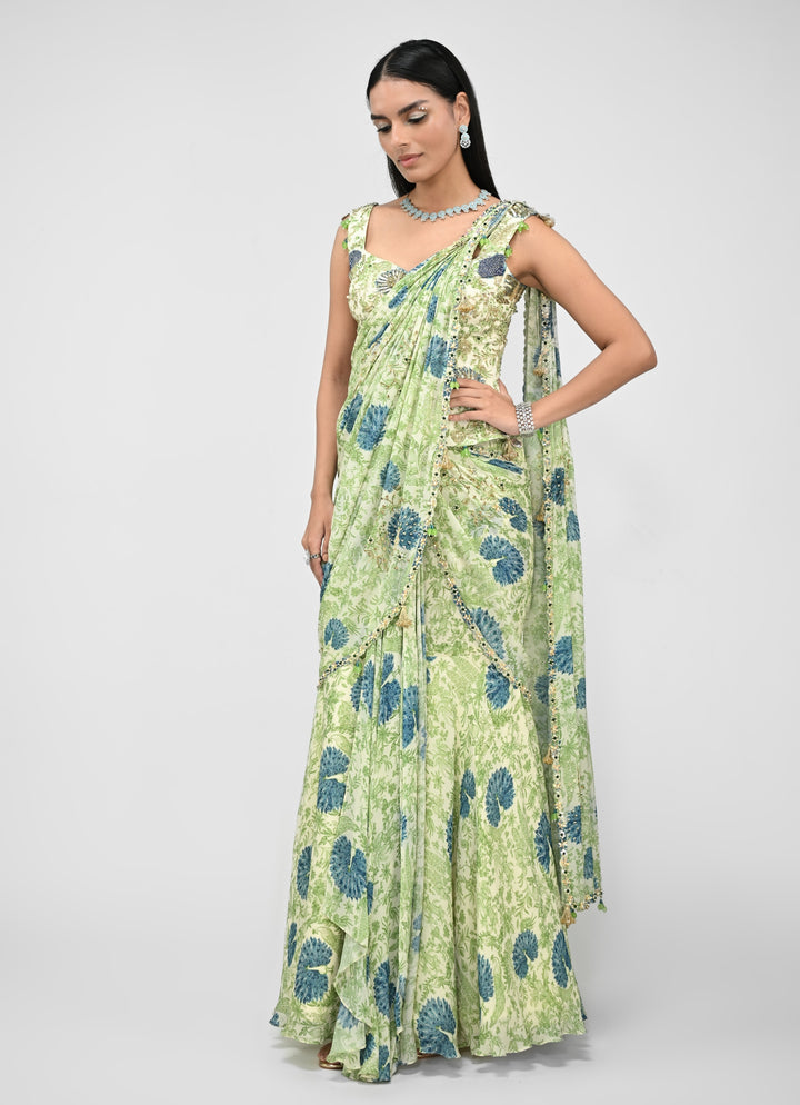 Green Printed Pre-Draped Saree With Corset