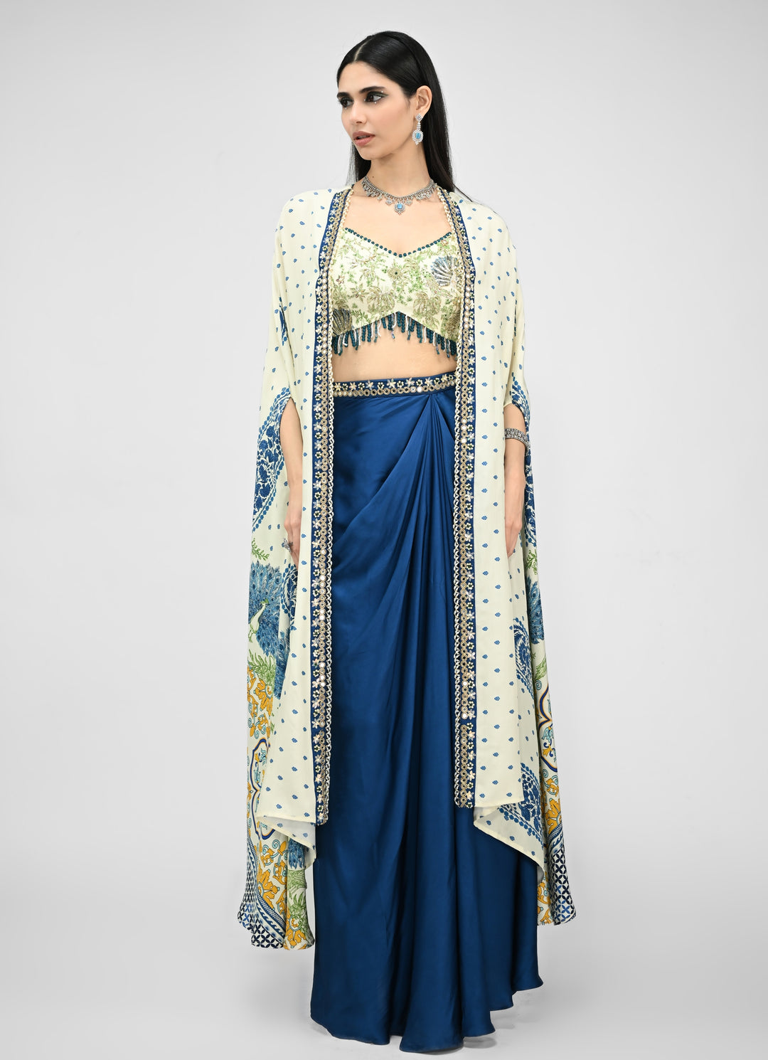 Peacock Blue Dhoti Skirt With Ivory Printed Cape