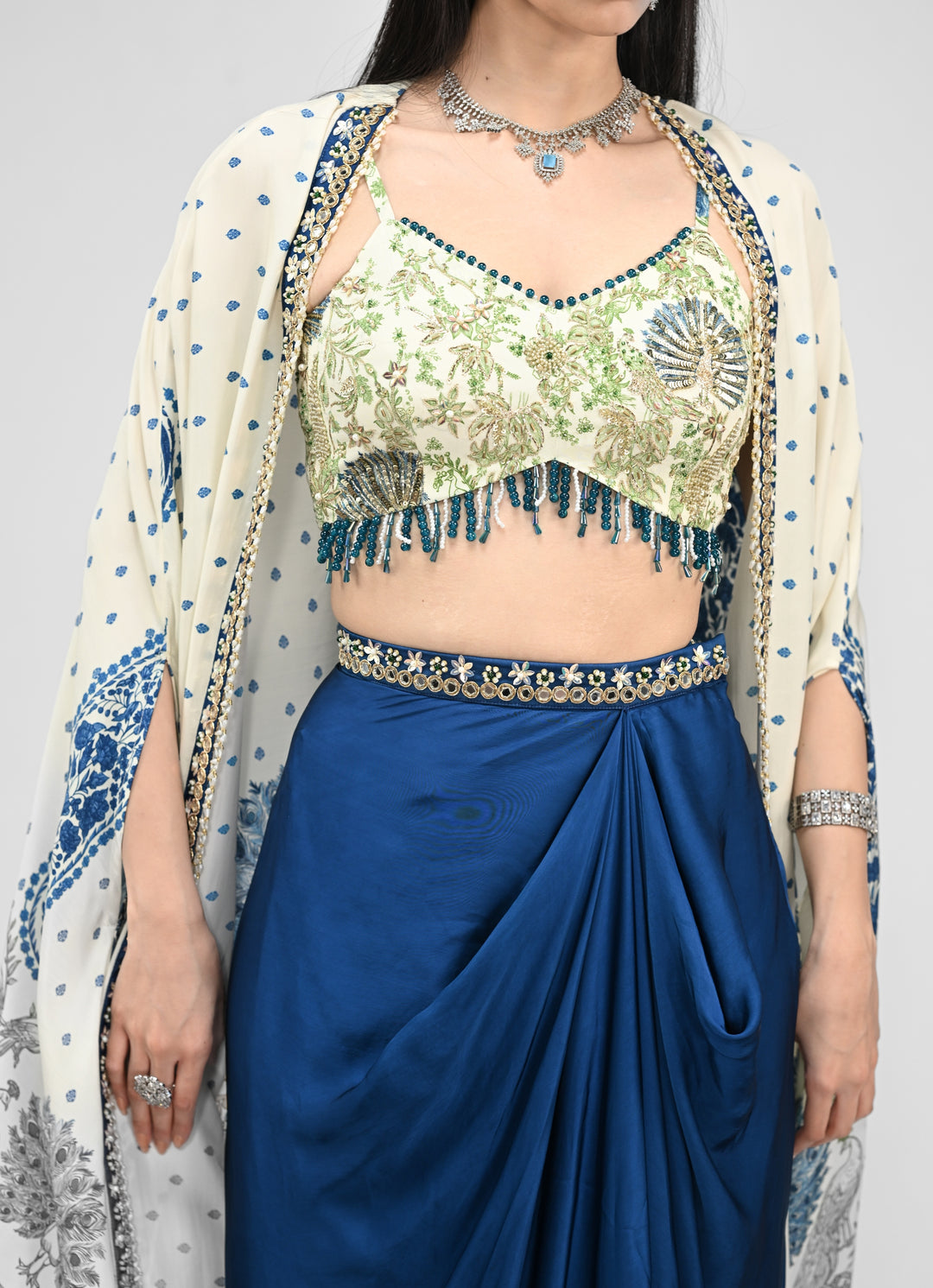 Peacock Blue Dhoti Skirt With Ivory Printed Cape