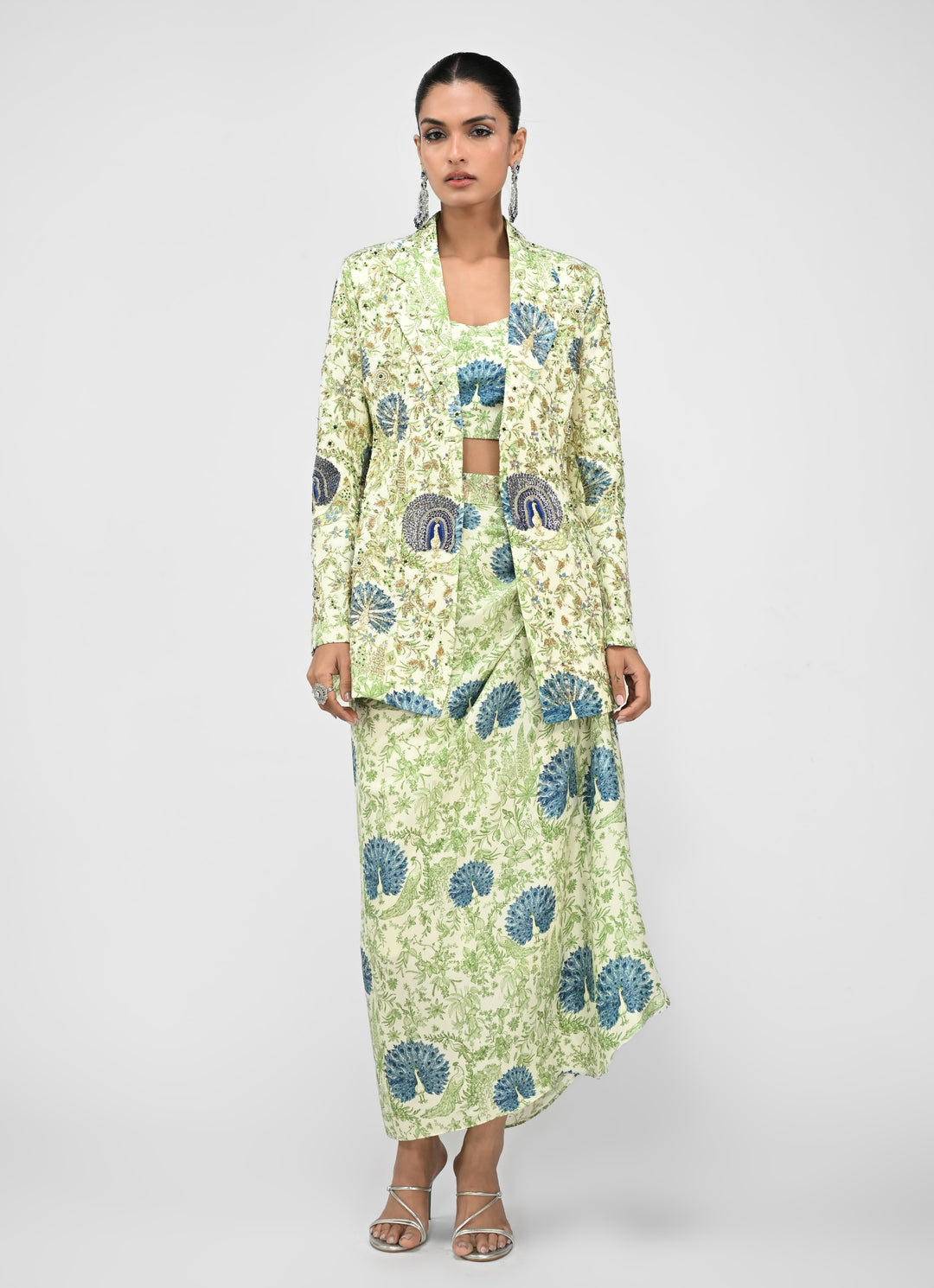 Green Printed Cowl Skirt Set With Blazer