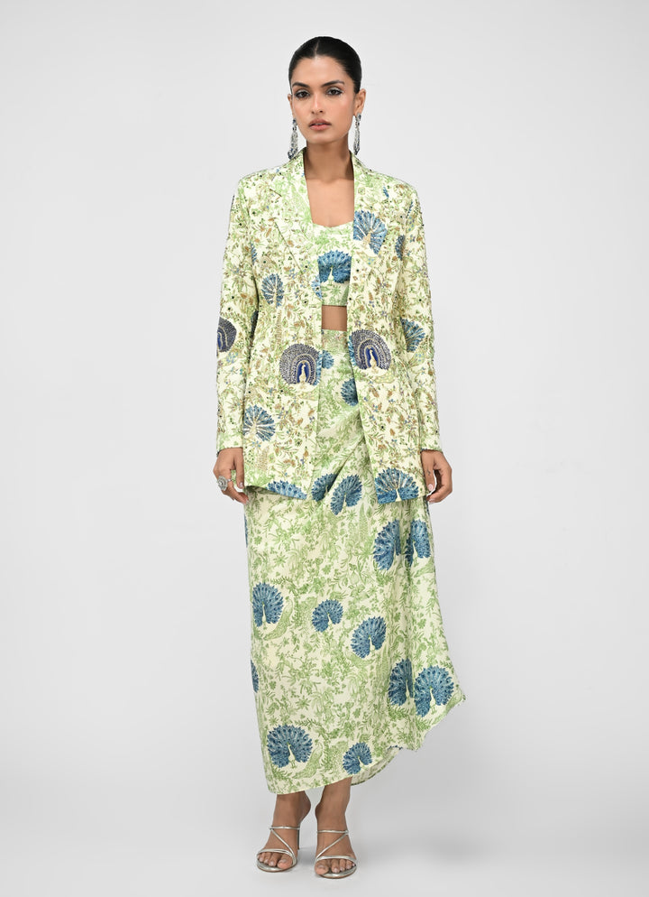 Green Printed Cowl Skirt Set With Blazer
