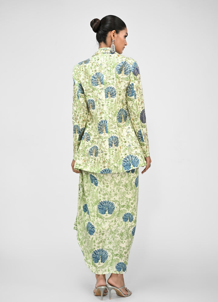 Green Printed Cowl Skirt Set With Blazer