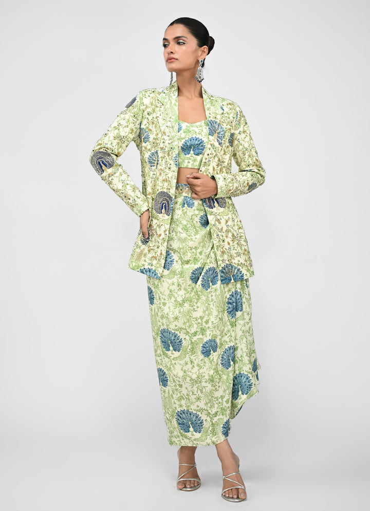 Green Printed Cowl Skirt Set With Blazer