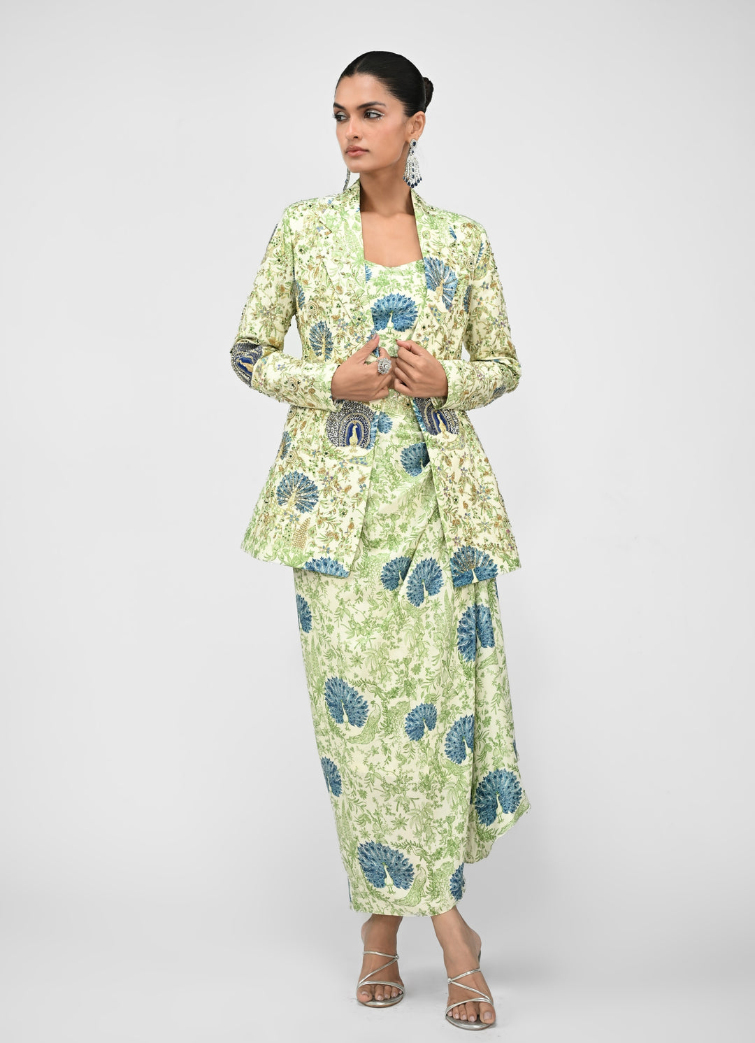 Green Printed Cowl Skirt Set With Blazer