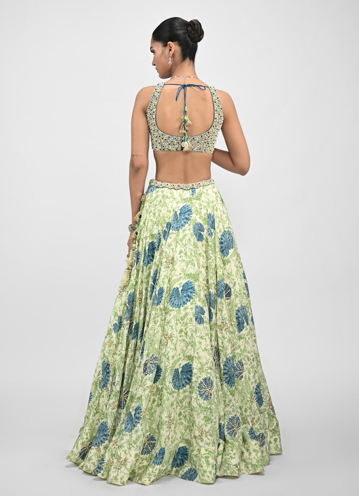 Green Printed Silk Lehenga Set With Contrasting Embroidered Blue Dupatta