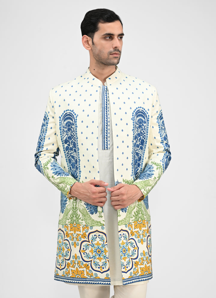 Ivory Printed Chinon Achkan