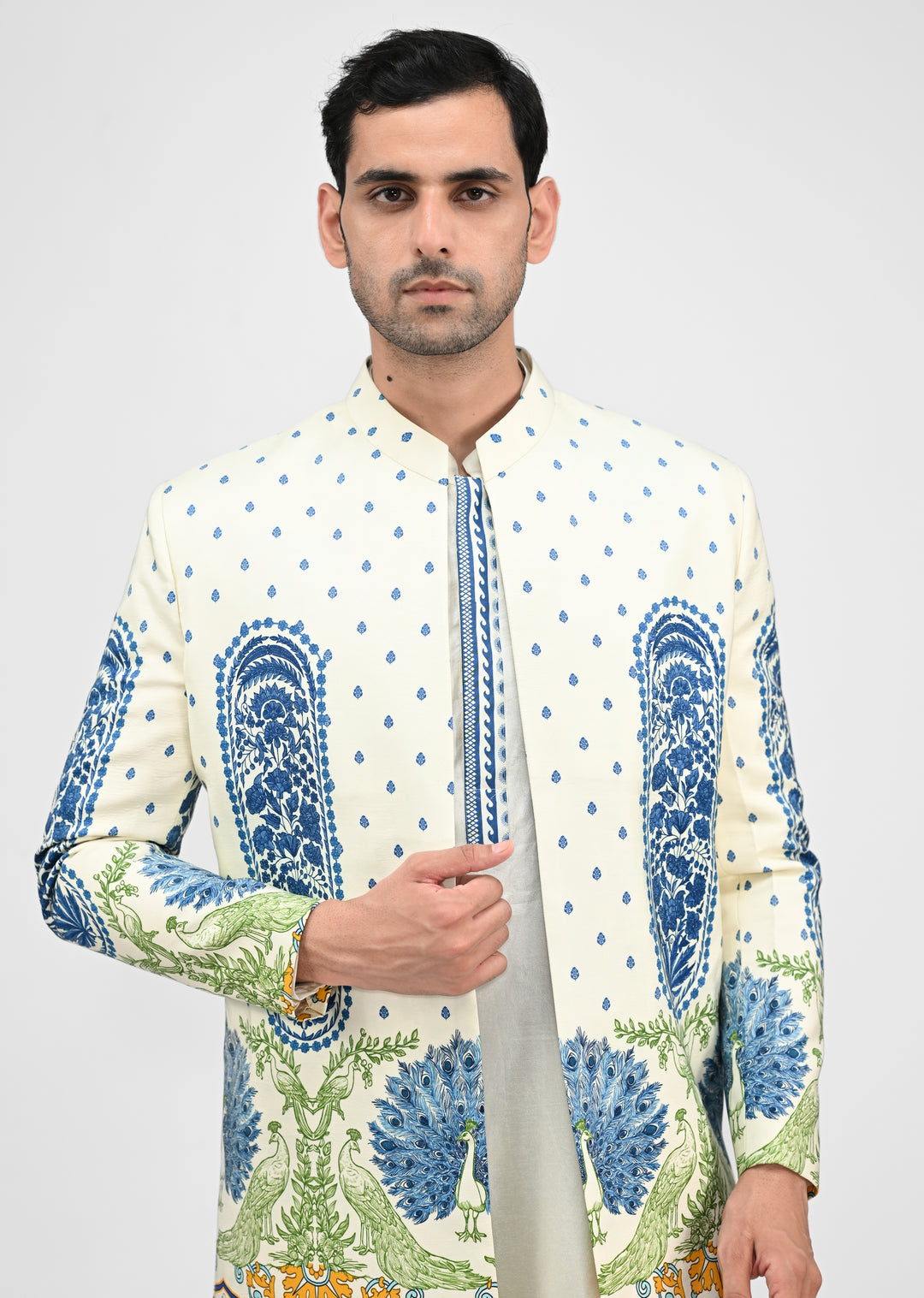 Ivory Printed Chinon Achkan