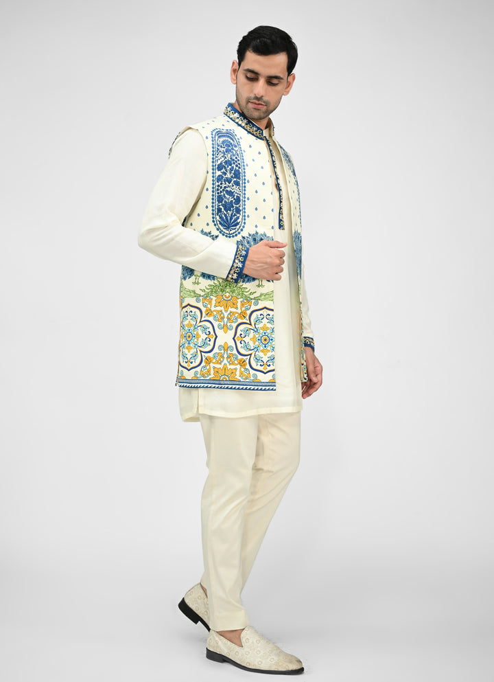 Ivory Kurta Pants Set with Printed Half Jacket