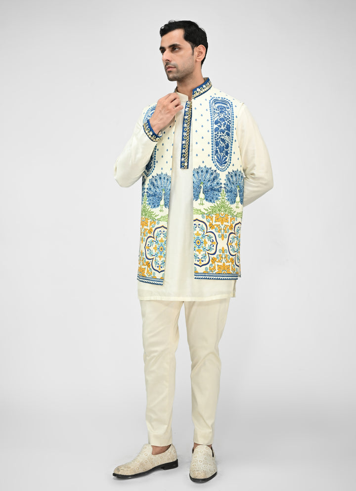 Ivory Printed Embroidered Half Jacket