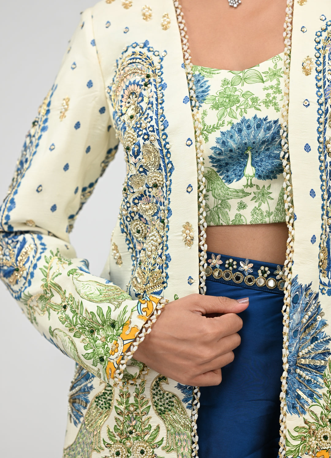 Peacock Blue Cowl Skirt Set With Printed Embroidered Blazer