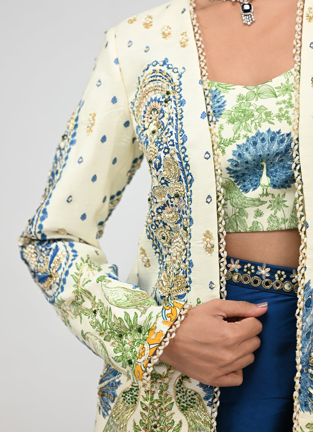 Peacock Blue Cowl Skirt Set With Printed Embroidered Blazer