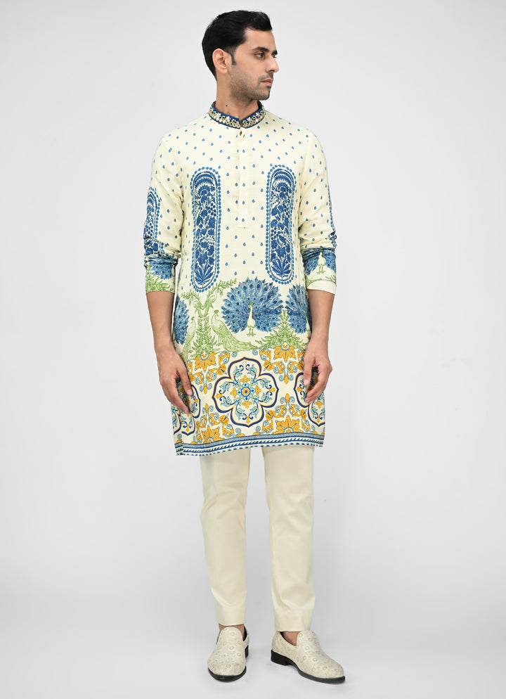 Ivory Printed Silk Kurta Pants Set