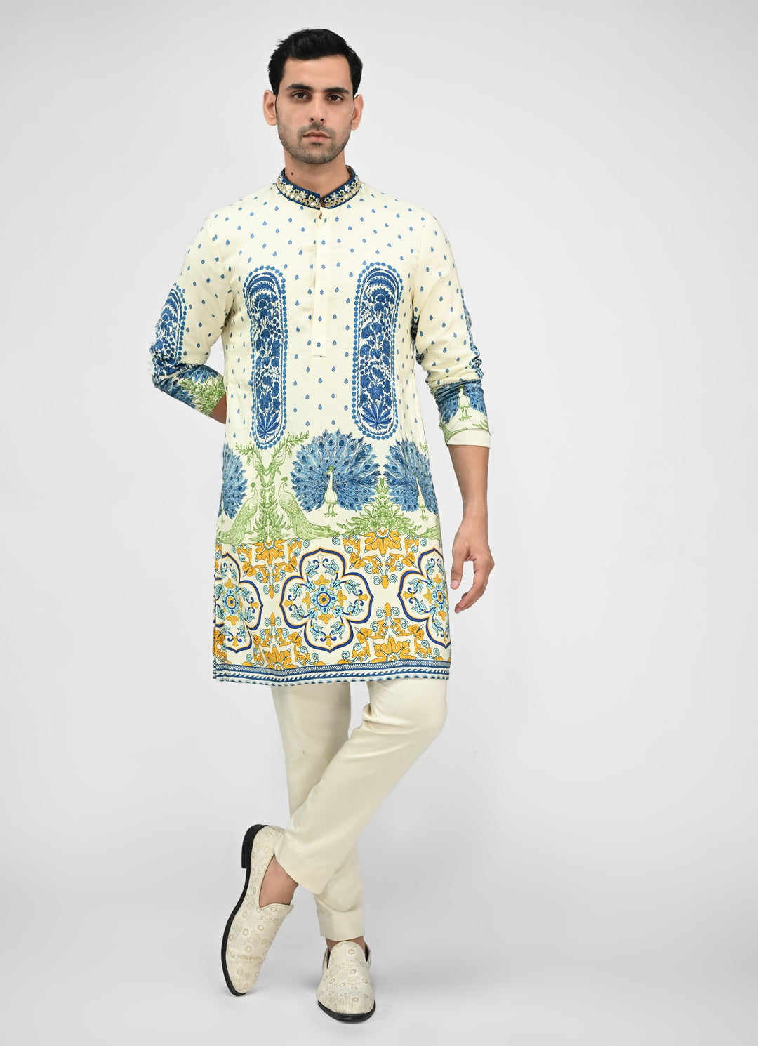 Ivory Printed Silk Kurta Pants Set