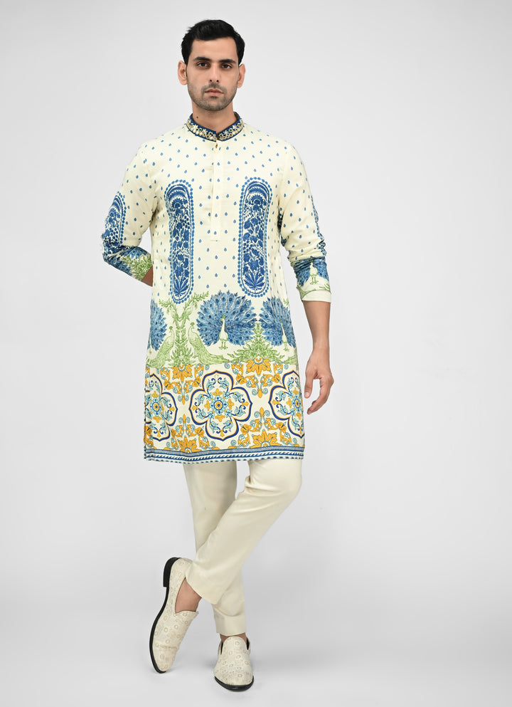 Ivory Printed Silk Kurta Pants Set