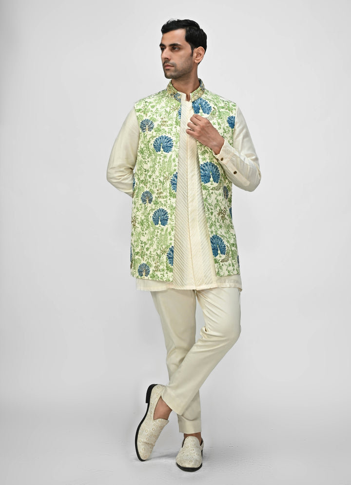 Ivory Kurta Pants Set with Green Printed Half Jacket