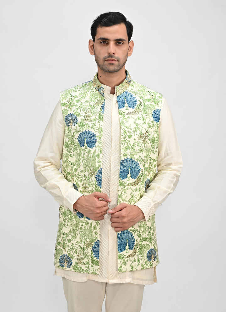 Green Printed Embroidered Half Jacket