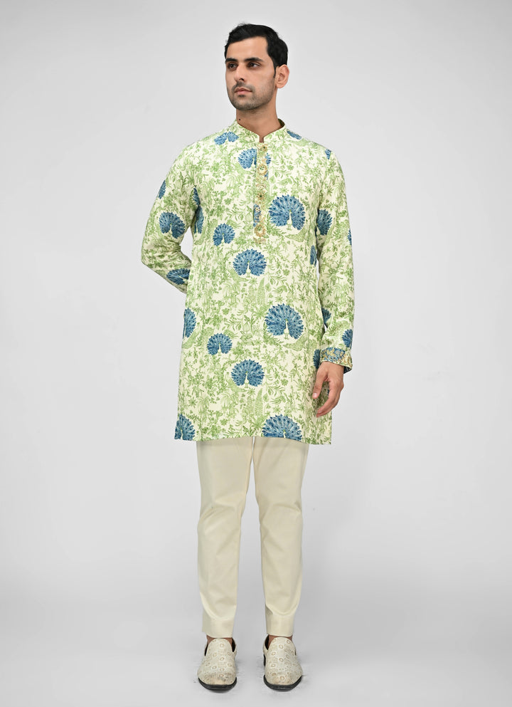 Green Printed Silk Kurta