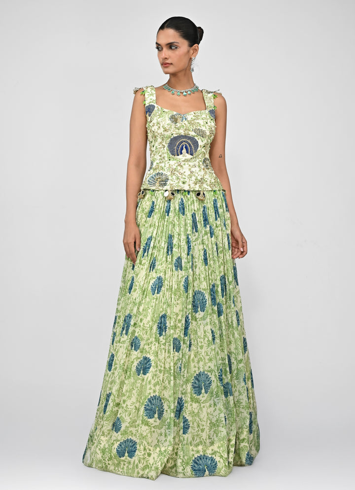Green Printed Silk Lehenga Set With Embroidered Corset
