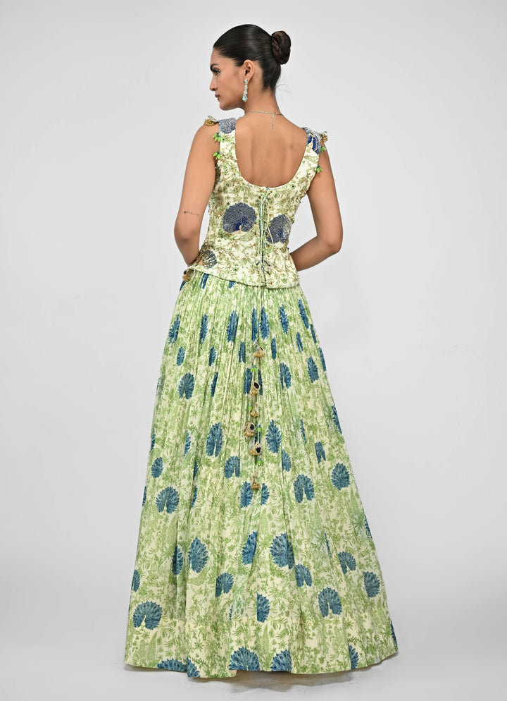 Green Printed Silk Lehenga Set With Embroidered Corset