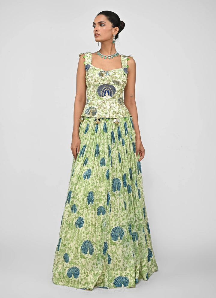 Green Printed Silk Lehenga Set With Embroidered Corset