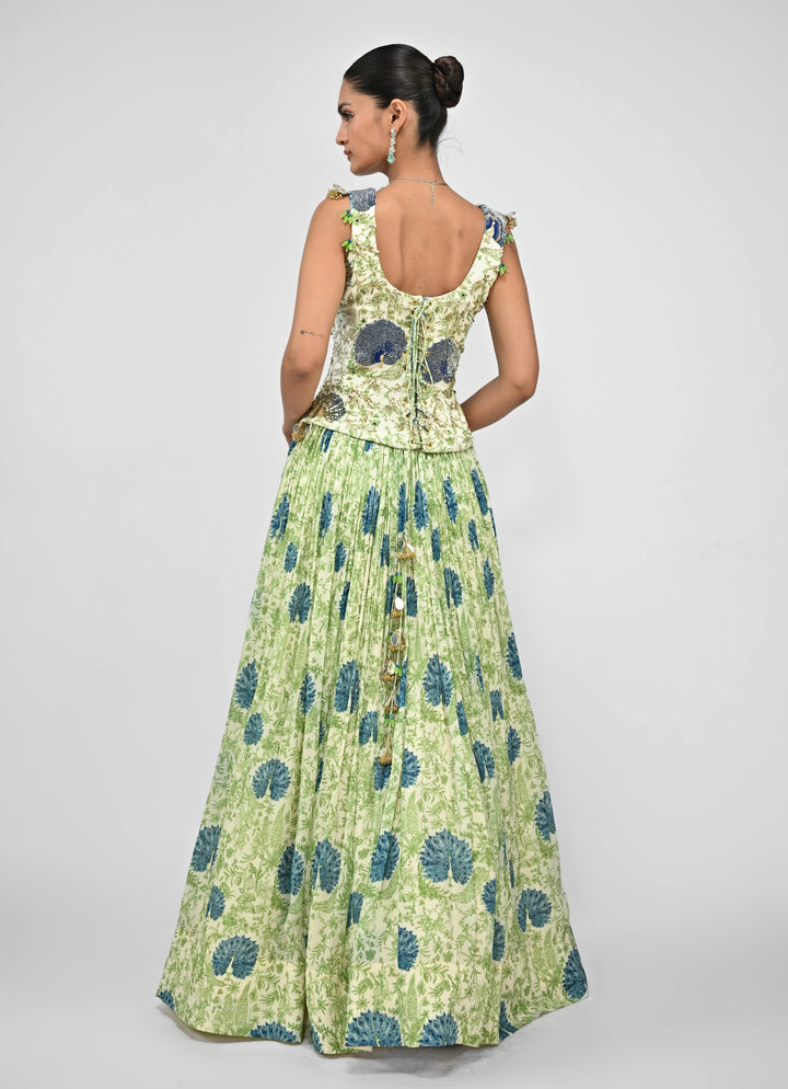 Green Printed Silk Lehenga Set With Embroidered Corset