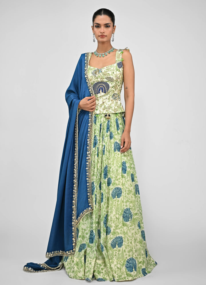 Green Printed Corset Lehenga Set