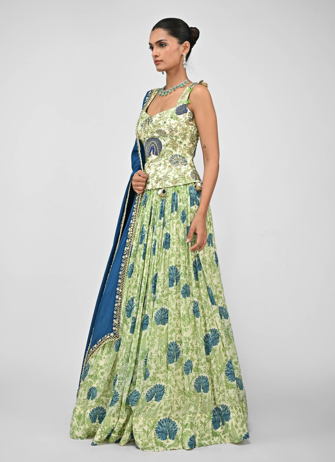 Green Printed Corset Lehenga Set