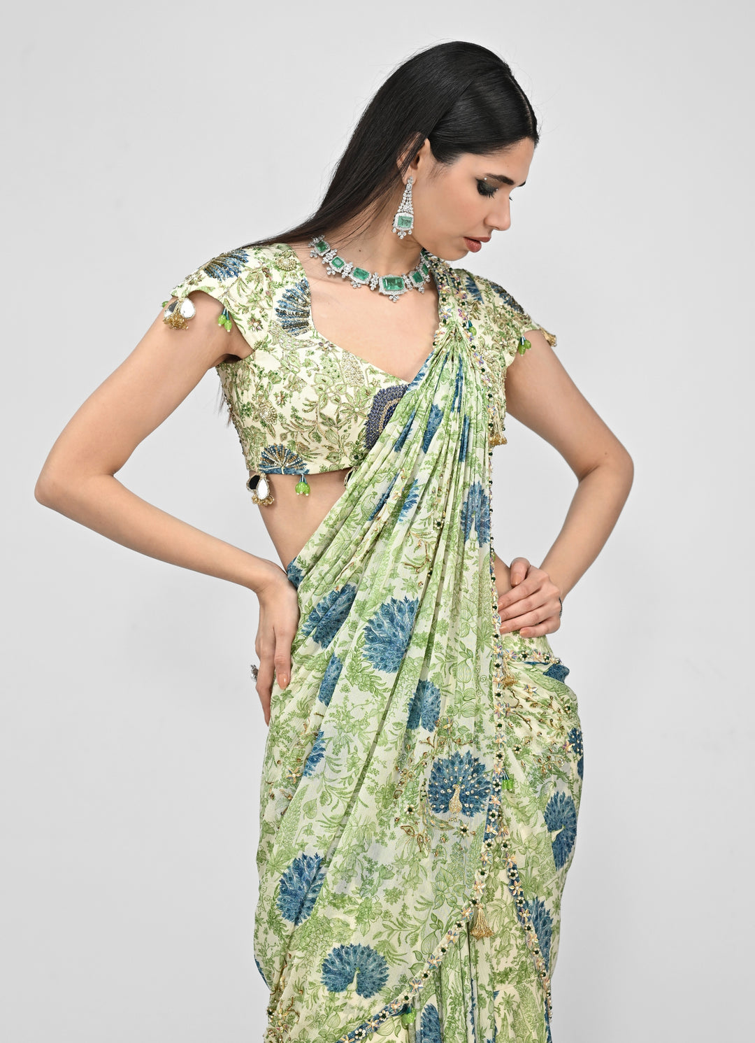 Green Printed Chinon Pre-Draped Saree Set