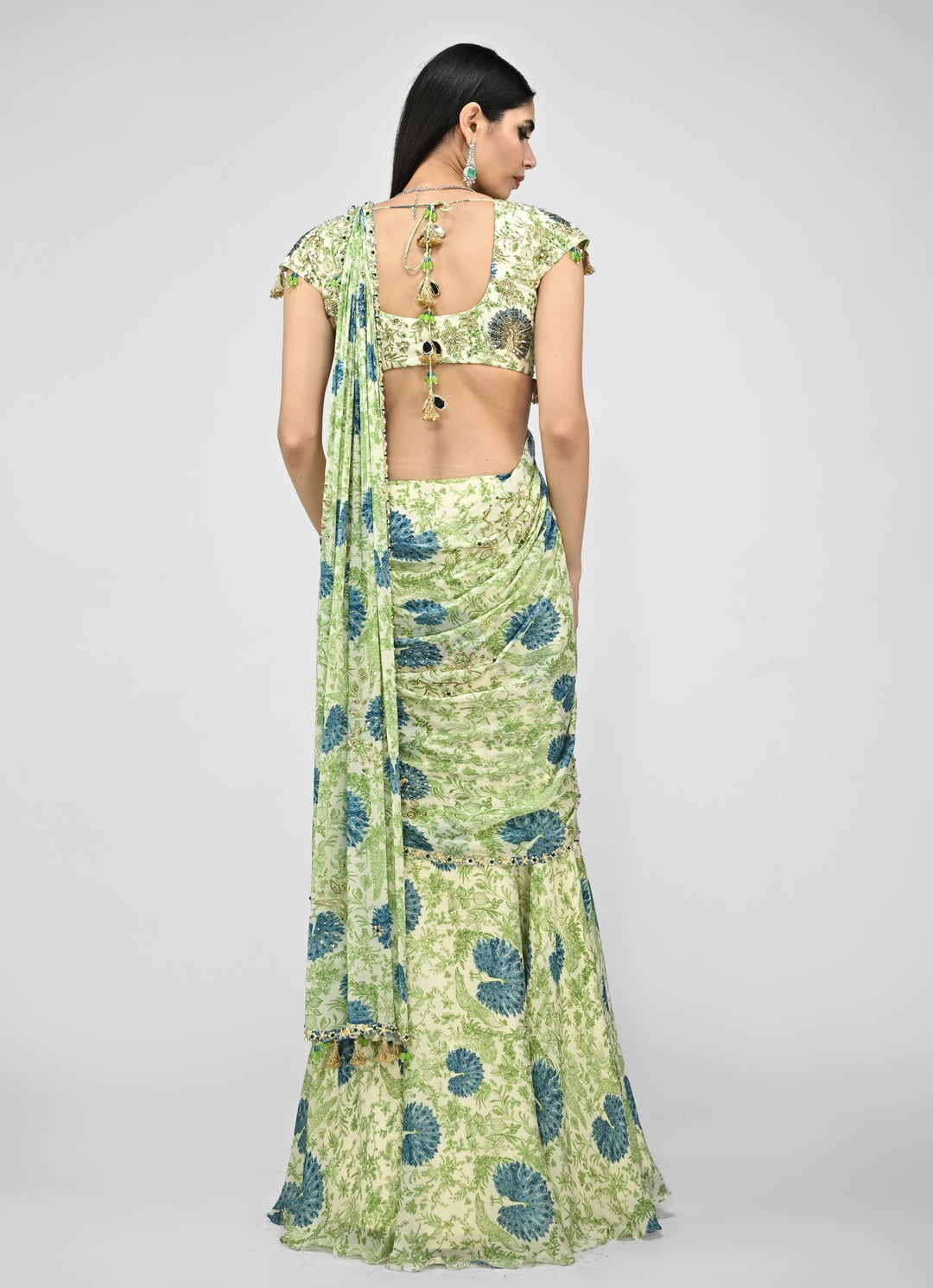 Green Printed Chinon Pre-Draped Saree Set