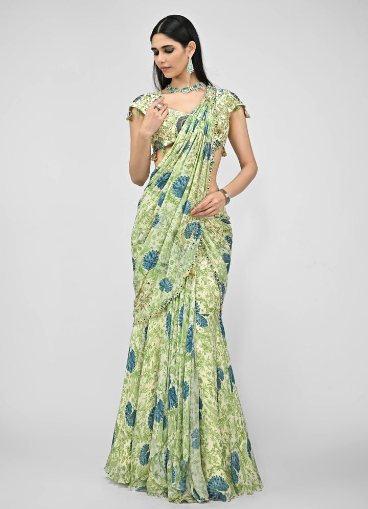Green Printed Chinon Pre-Draped Saree Set