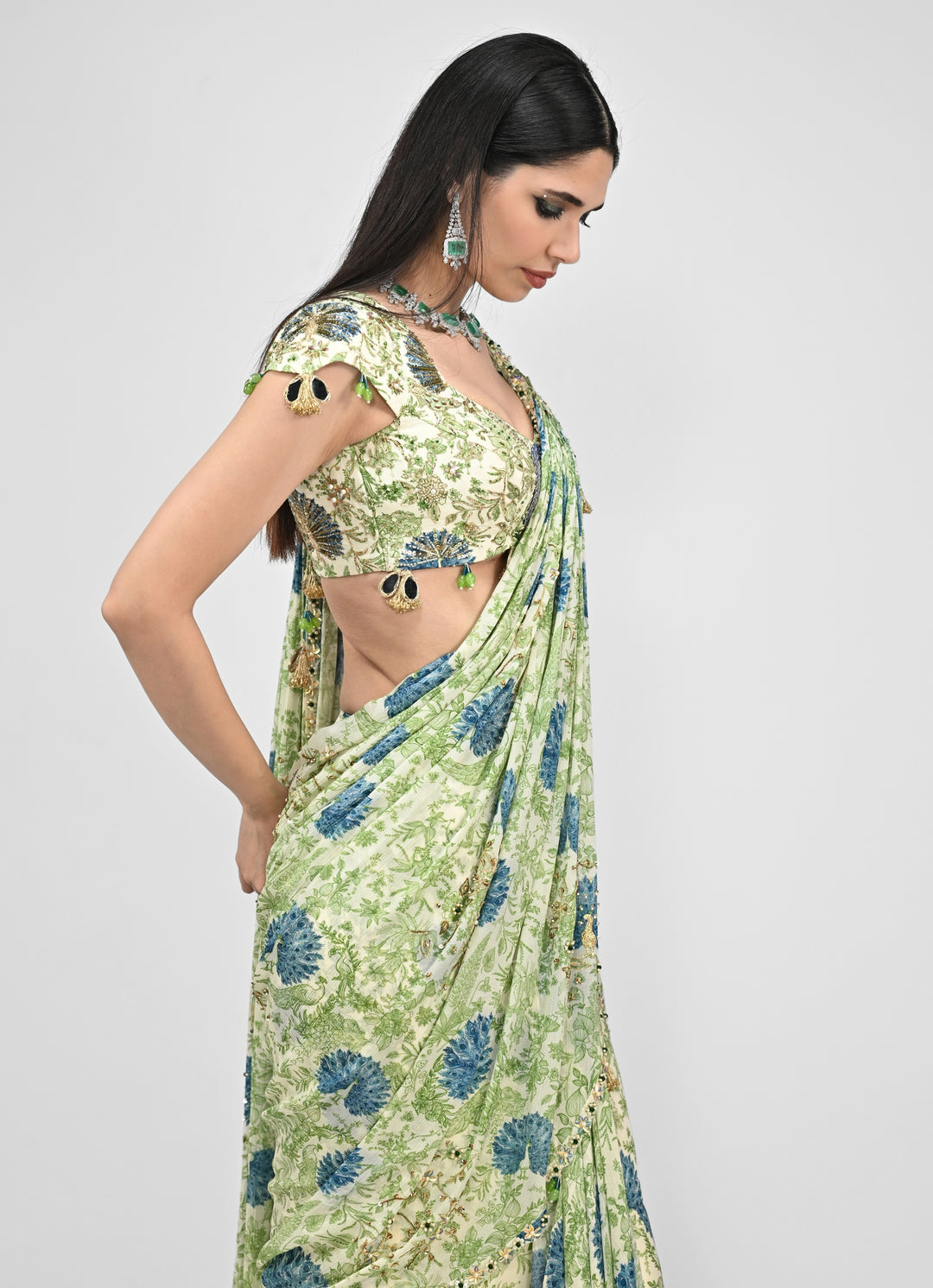 Green Printed Chinon Pre-Draped Saree Set
