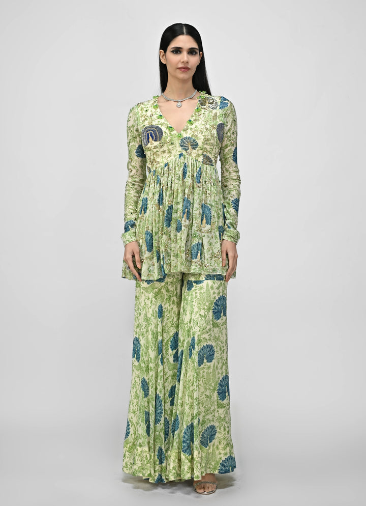 Green Printed Chinon Peplum Kurta Sharara Set