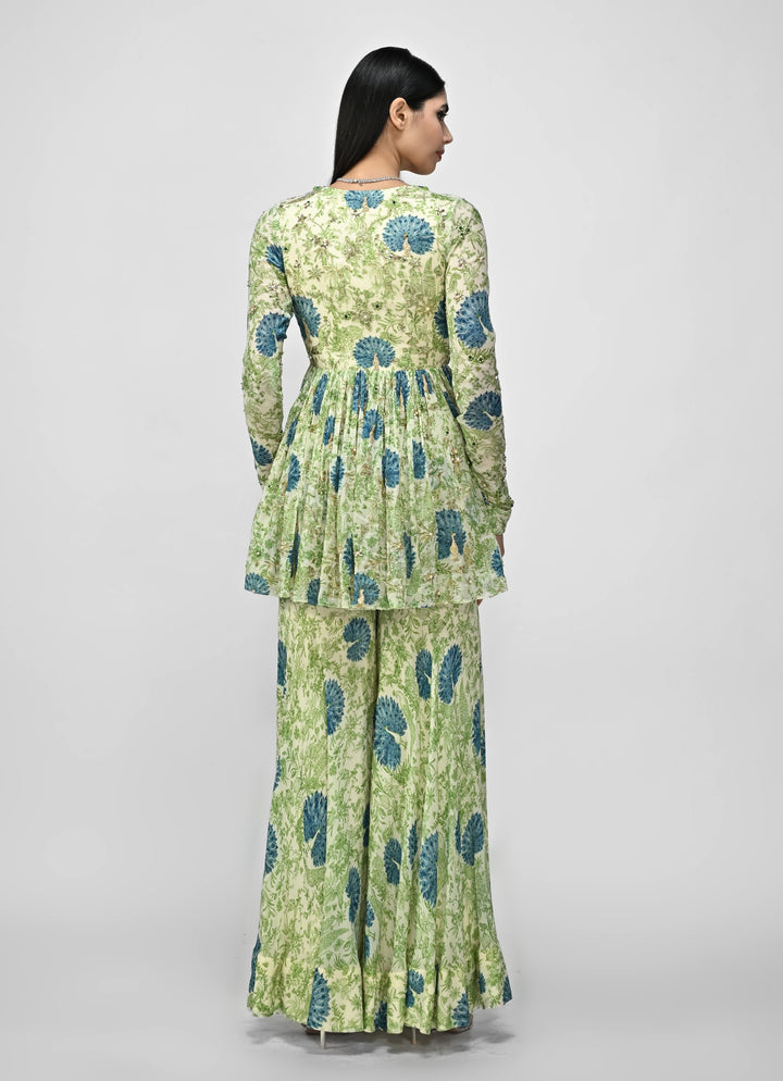 Green Printed Chinon Peplum Kurta Sharara Set