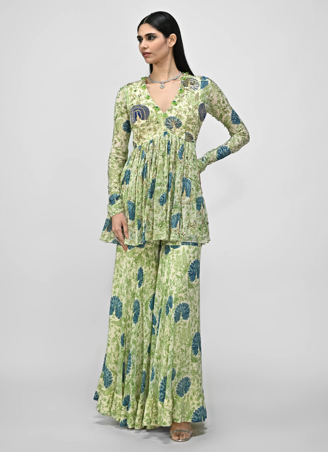 Green Printed Chinon Peplum Kurta Sharara Set