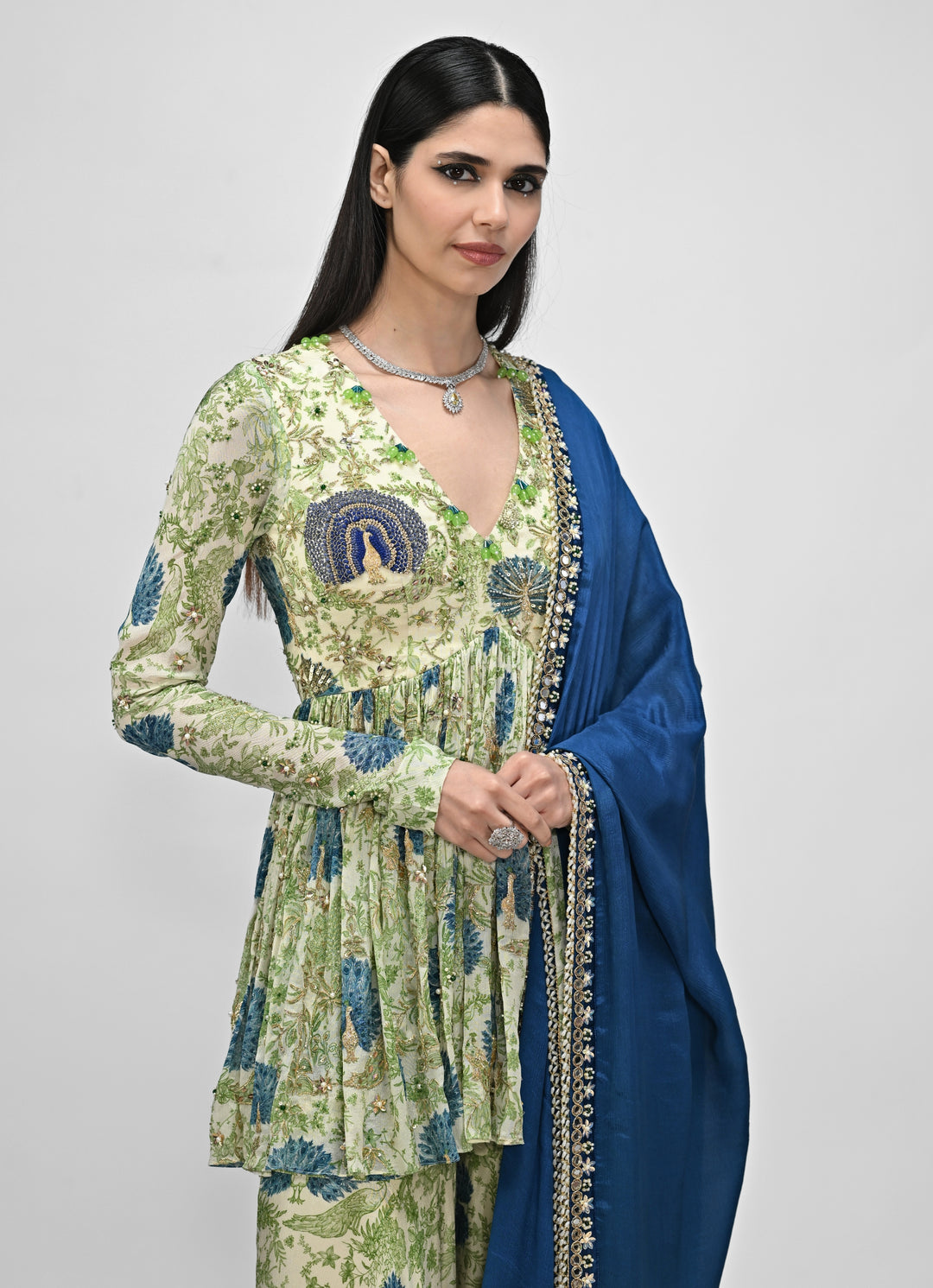 Green Printed Chinon Sharara Set With Blue Dupatta