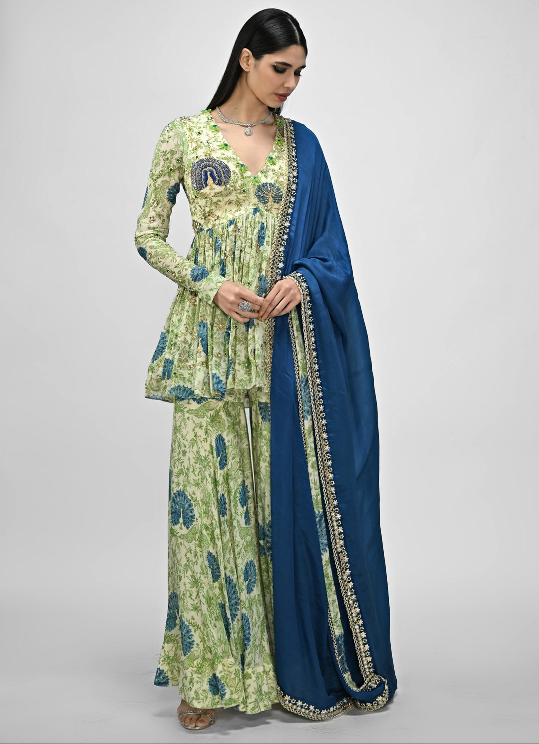 Green Printed Chinon Sharara Set With Blue Dupatta