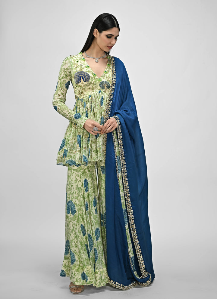 Green Printed Chinon Sharara Set With Contrasting Embroidered Blue Dupatta
