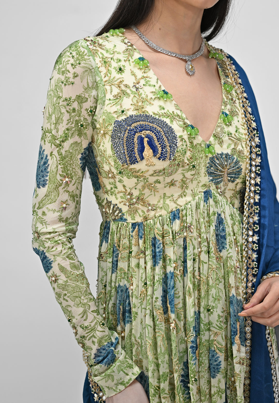 Green Printed Chinon Sharara Set With Blue Dupatta