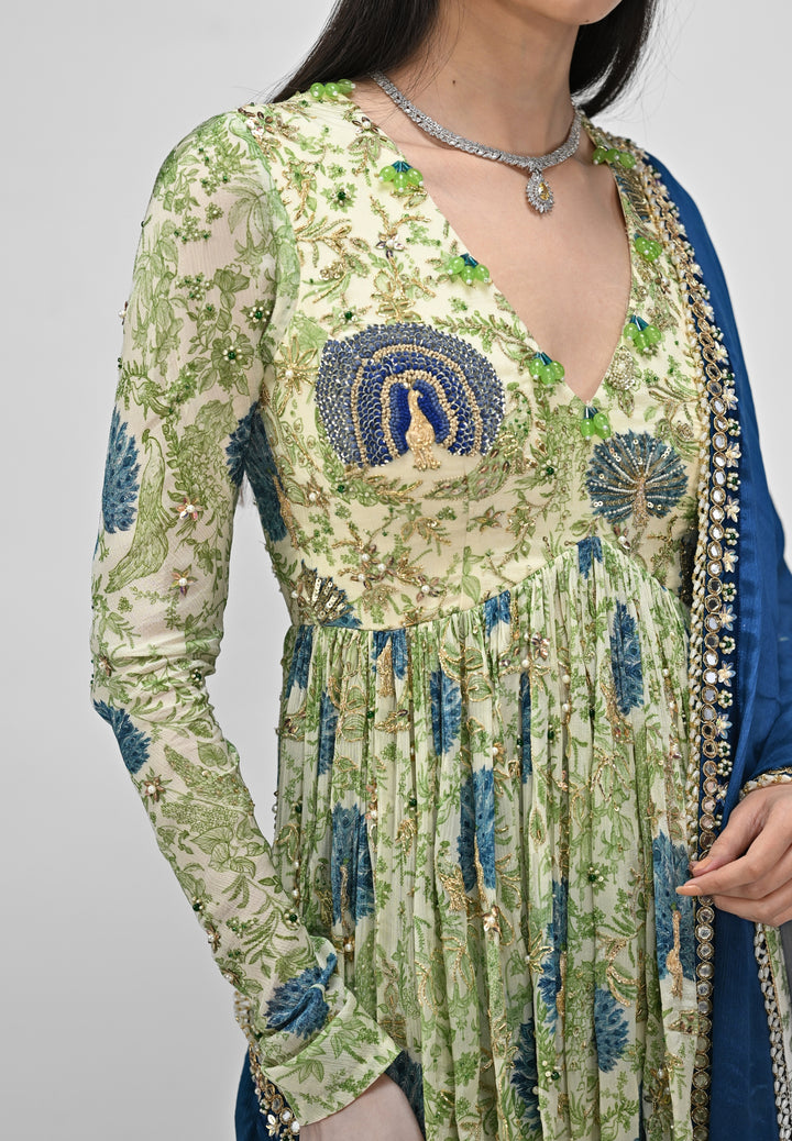 Green Printed Chinon Sharara Set With Blue Dupatta