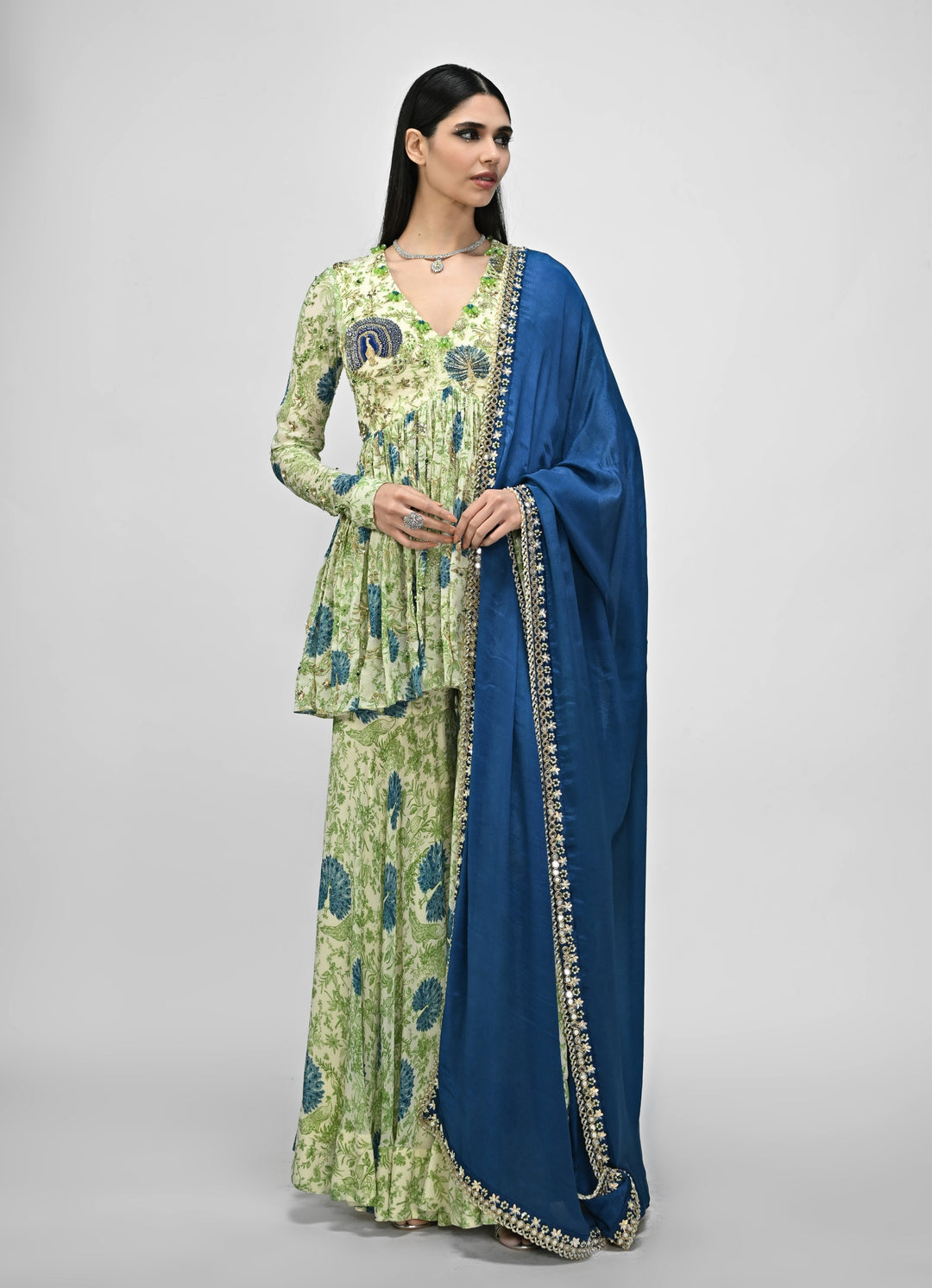 Green Printed Chinon Sharara Set With Blue Dupatta