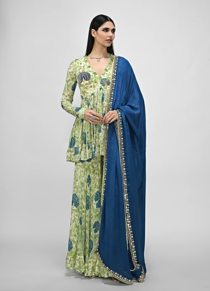 Green Printed Chinon Sharara Set With Blue Dupatta
