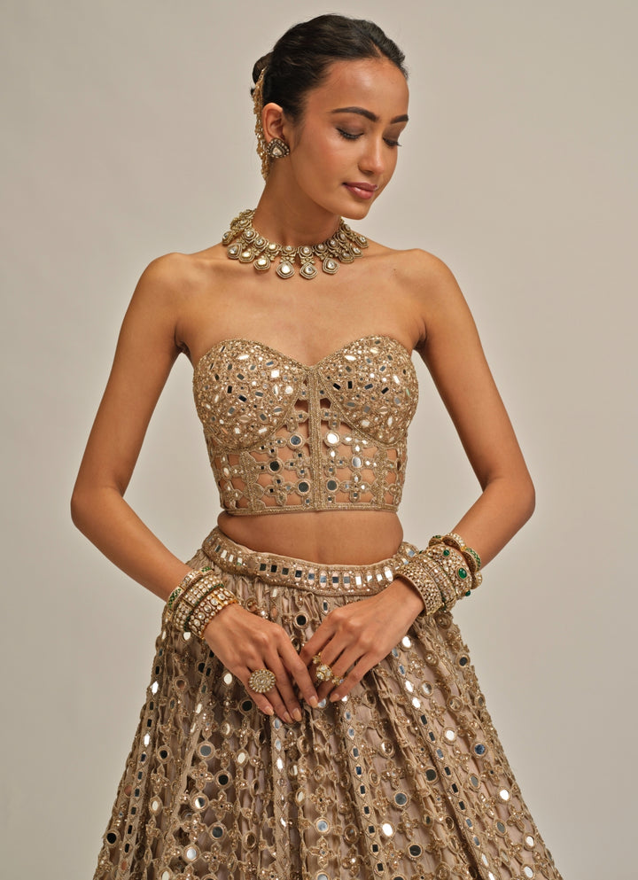 Beige Gold Georgette Corset Lehenga