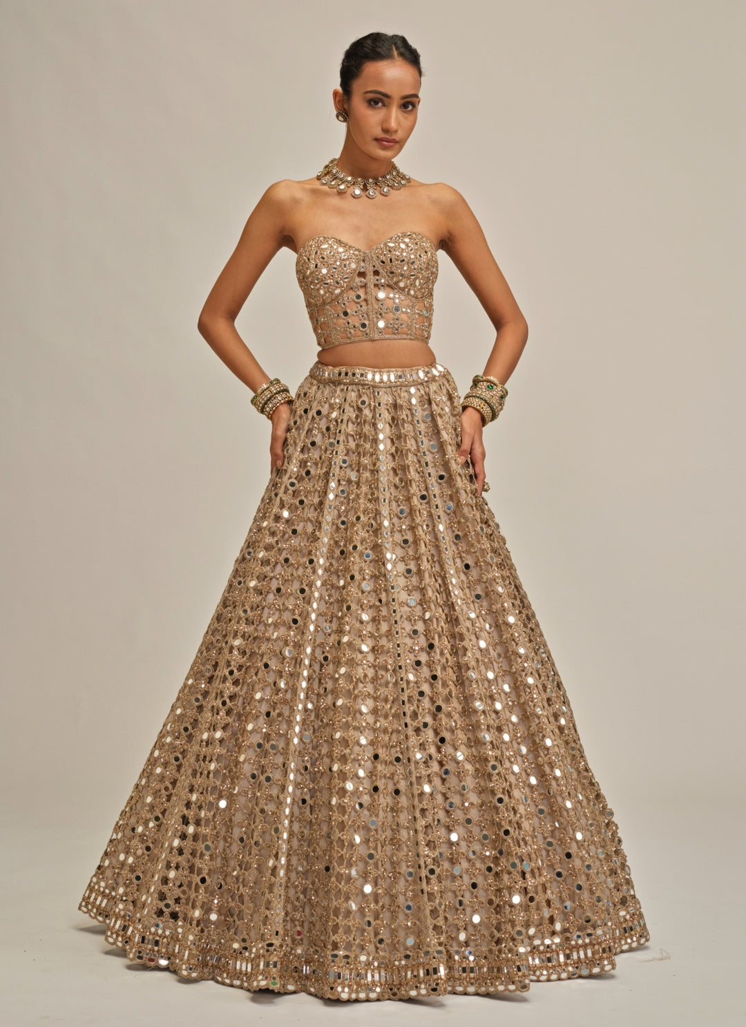 Beige Gold Georgette Corset Lehenga