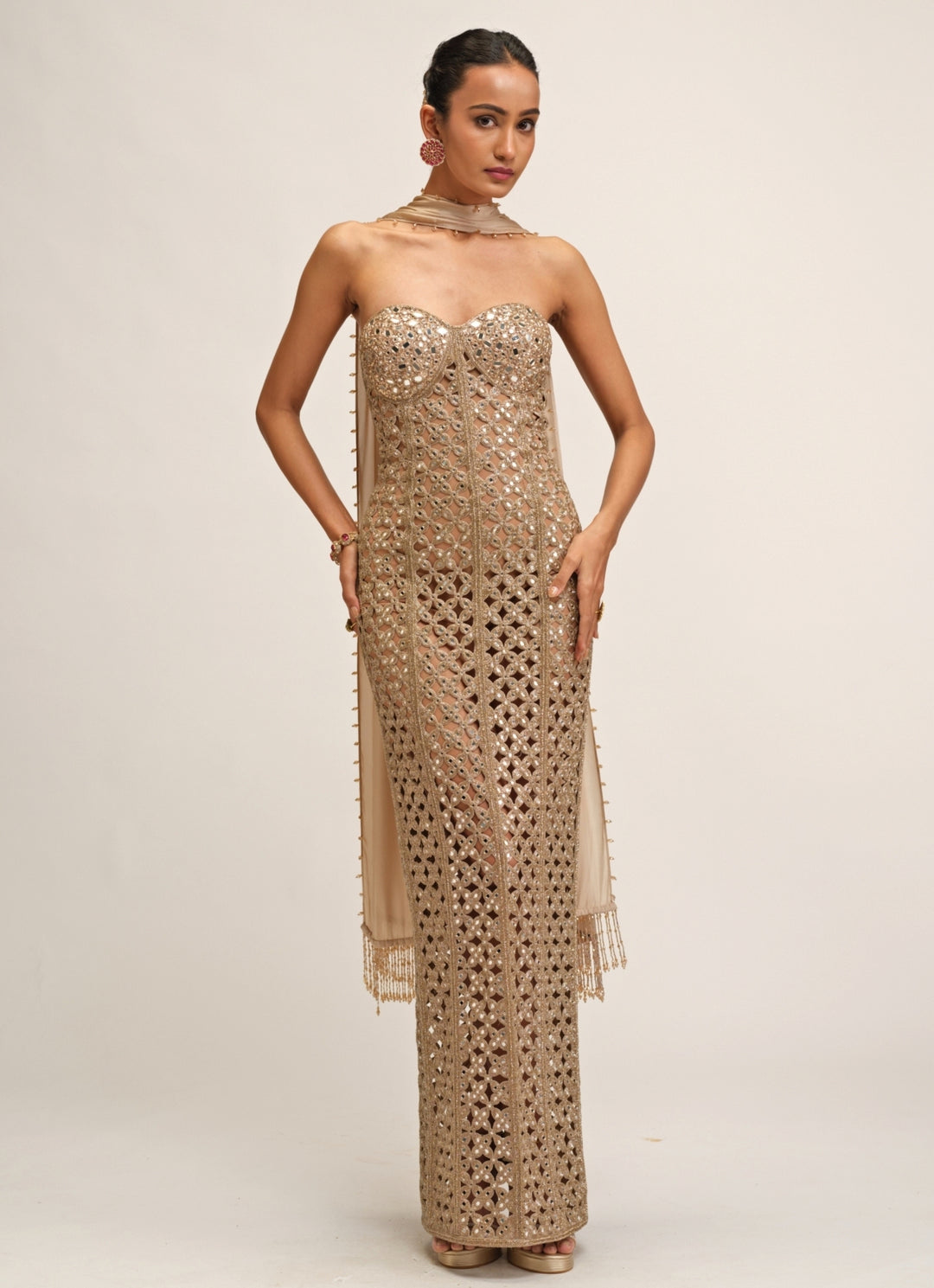 Beige Gold Georgette Long Dress