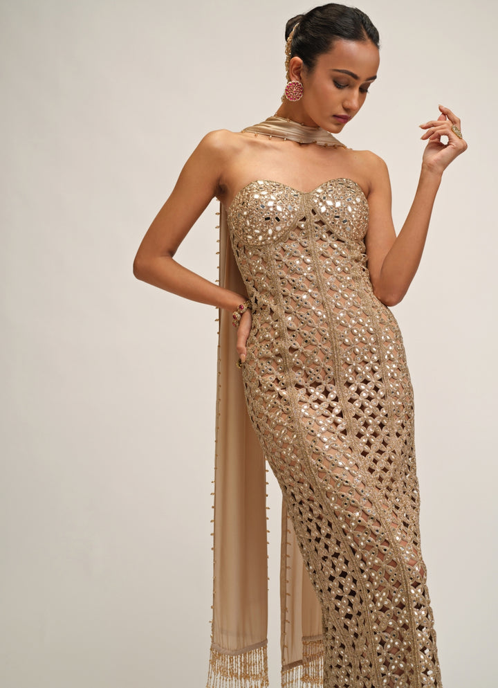 Beige Gold Georgette Long Dress