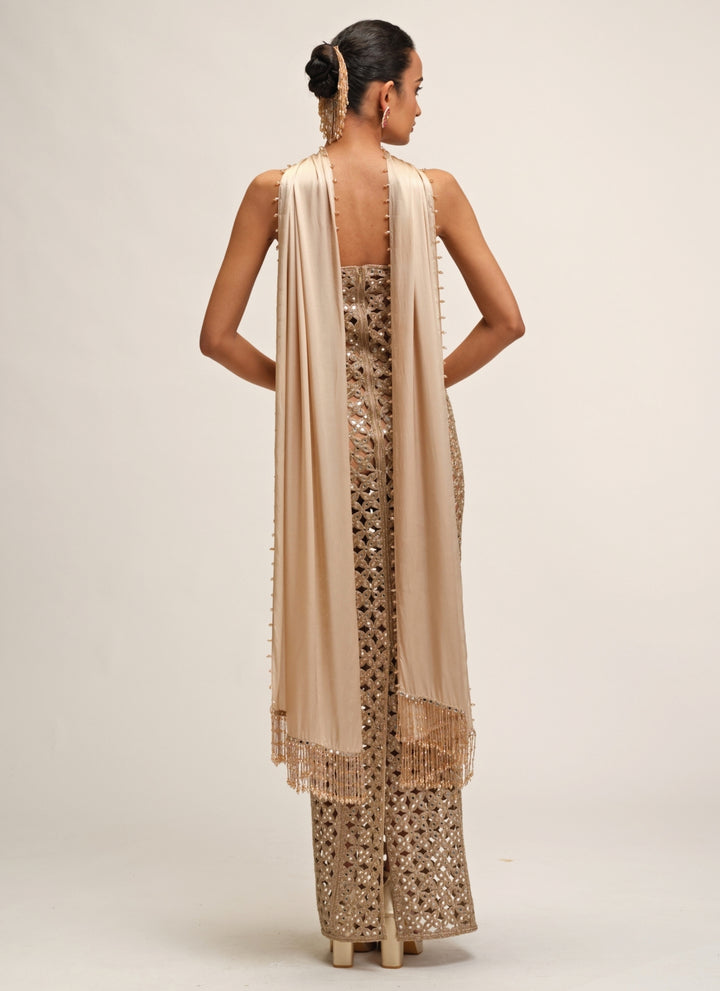 Beige Gold Georgette Long Dress