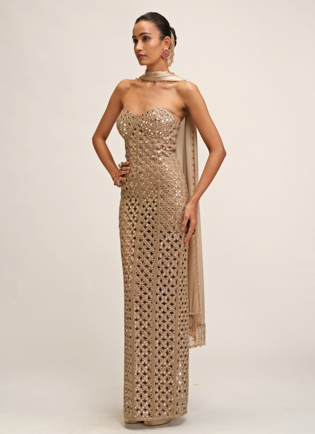 Beige Gold Georgette Long Dress