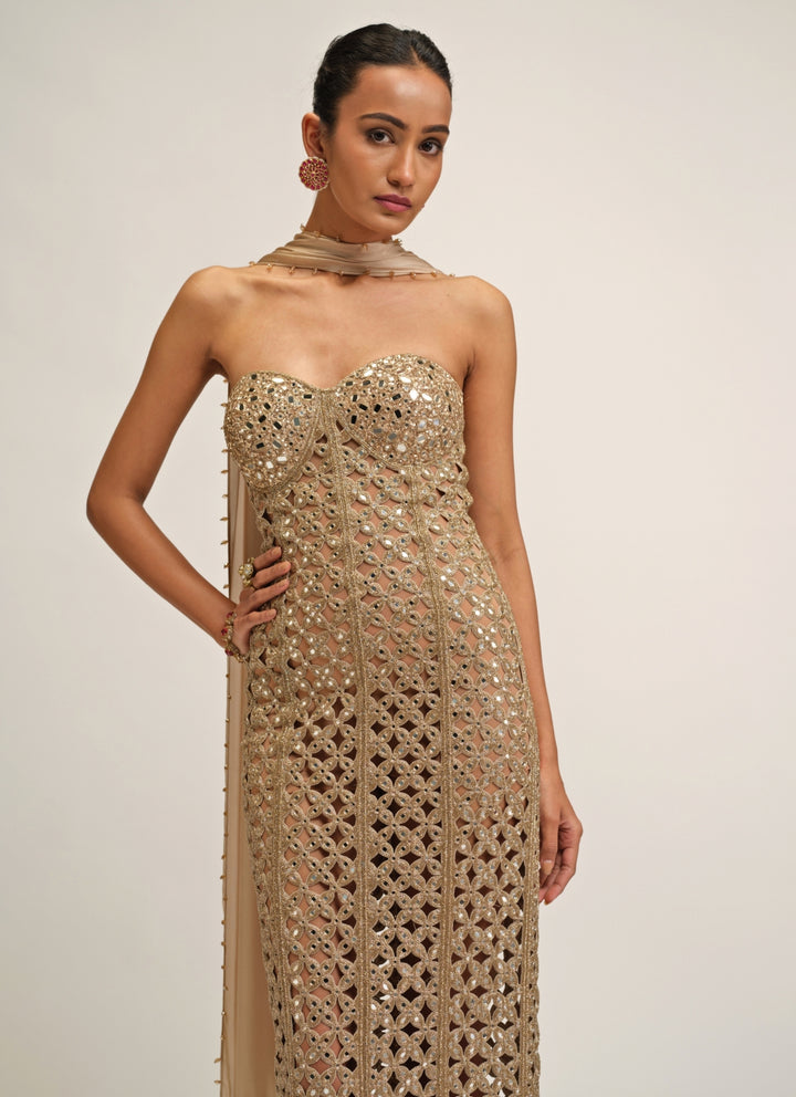 Beige Gold Georgette Long Dress