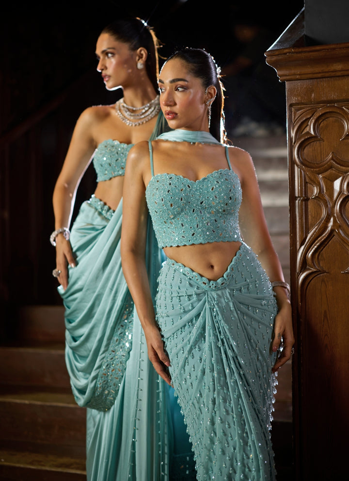 Powder Blue Georgette Draped Skirt Set